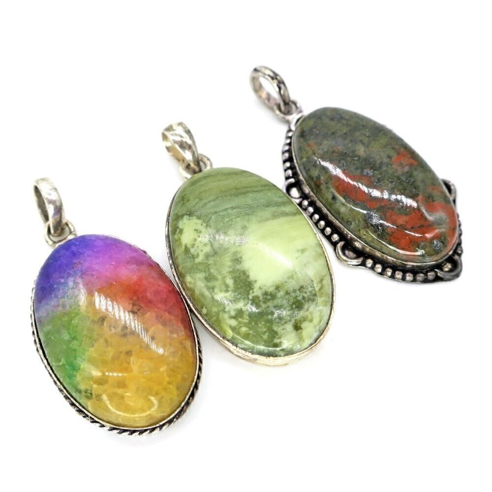 Lot of 3 Stone Pendants Green Larsonite, Unakite & Rainbow Solar Quartz (READ)